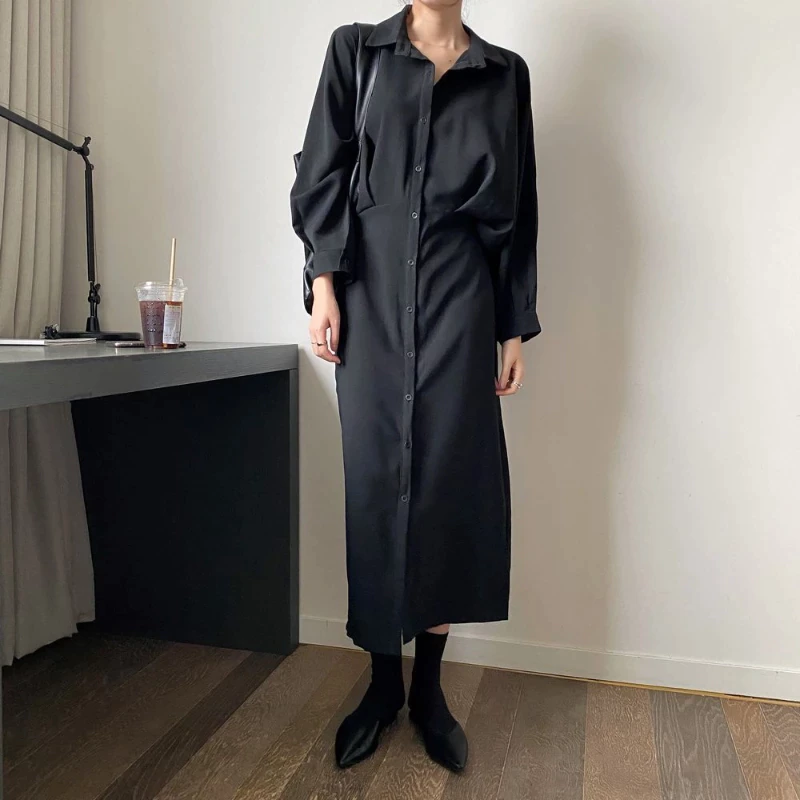 Office Ladies Elegant Shirt Dress Korean Fashion Long Sleeve Button Slim Fit Casual Maxi Dress Women Autumn Chic Vestidos Rob